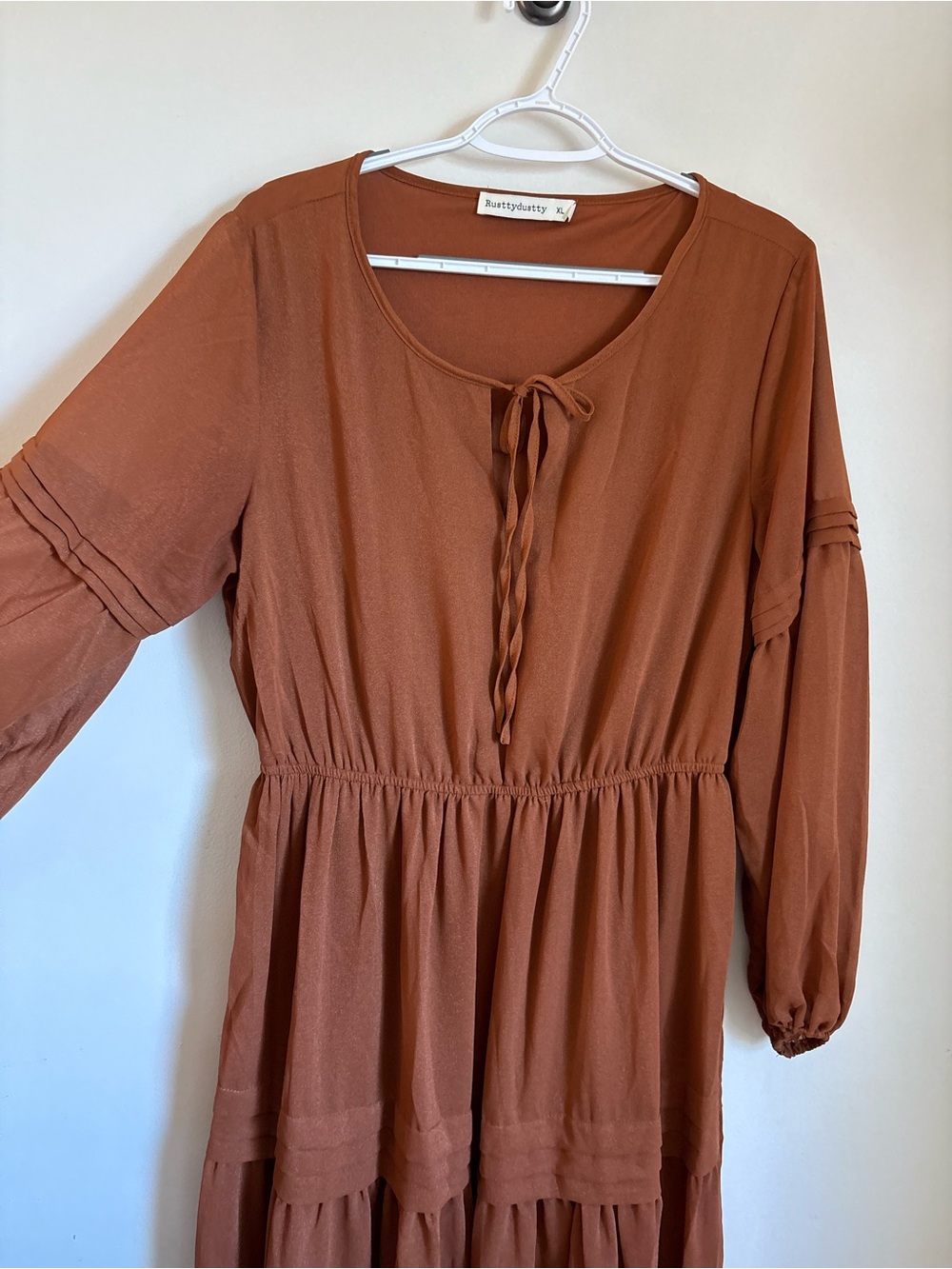 Rusttydustty Tiered Long Sleeve Women's Dress with Tie Neck